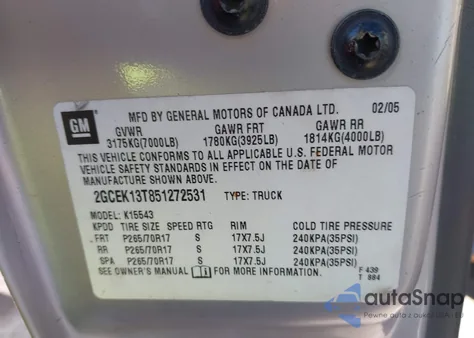 2005 Chevrolet Silverado 1500 Lt из США, поврежденный, VIN 2GCEK13T851272531